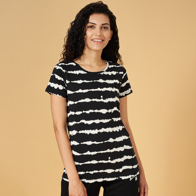 Ajile By Pantaloons Striped Women Round Neck Black T-Shirt