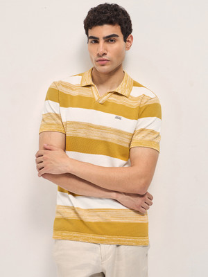 THE BEAR HOUSE Striped Men Polo Neck Yellow T-Shirt