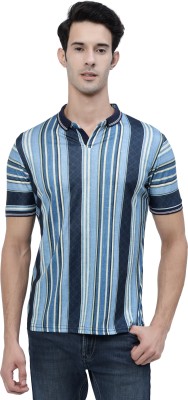 Crastic Striped Men Polo Neck Blue T-Shirt