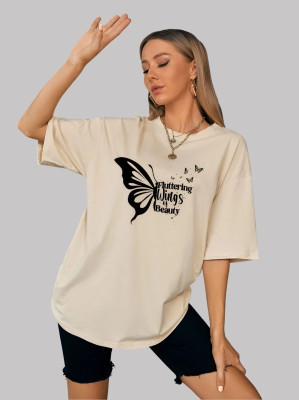 FLUFFYY ENTERPRISE Printed Women Round Neck Beige T-Shirt