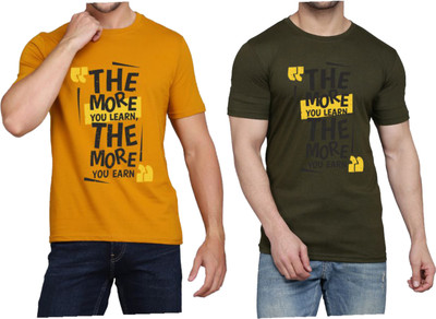 WOOSTRO Printed Men Round Neck Brown, Dark Green T-Shirt