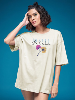 Smartees Printed Women Round Neck Beige T-Shirt