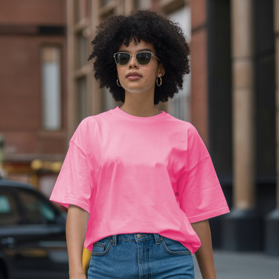 HouseOfCommon Solid Women Round Neck Pink T-Shirt