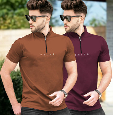 TRIPR Solid Men Henley Neck Brown, Maroon T-Shirt