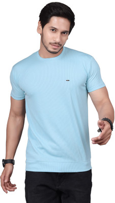 Fashion drape Self Design Men Round Neck Light Blue T-Shirt
