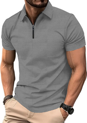 EyeBogler Self Design Men Zip Neck Grey T-Shirt