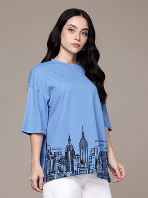 Moda Rapido Graphic Print Women Round Neck Light Blue T-Shirt