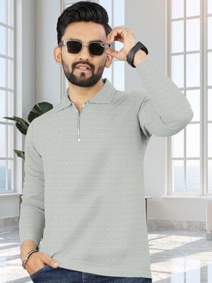 Trend Twist Self Design Men Zip Neck Grey T-Shirt
