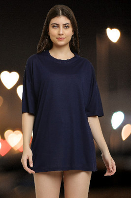 CANIDAE Solid Women Round Neck Dark Blue T-Shirt