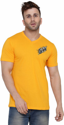Money Leaf Printed Men V Neck Yellow T-Shirt
