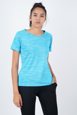 LAYA Solid Women V Neck Light Blue T-Shirt