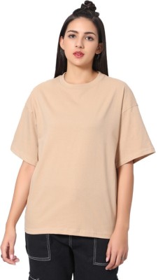 Besick Solid Women Round Neck Beige T-Shirt