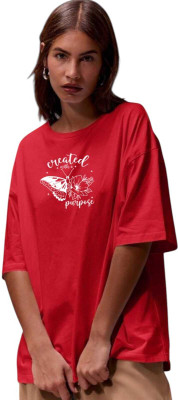 HouseOfCommon Printed Women Round Neck Red T-Shirt
