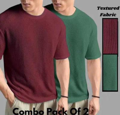 BOOM BAAM Solid Men Round Neck Maroon, Green T-Shirt
