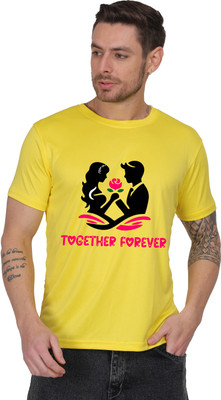 Saras Printed Men Round Neck Reversible Yellow T-Shirt