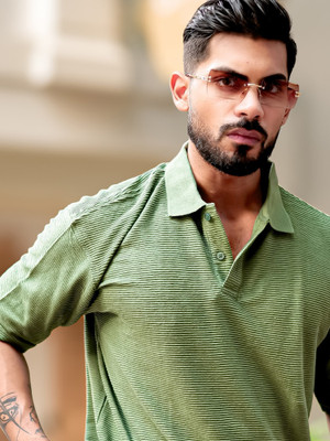 MANIAC Self Design Men Polo Neck Green T-Shirt