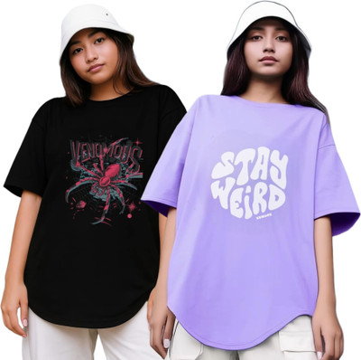 RS FASHION Printed Women Round Neck Black, Purple T-Shirt