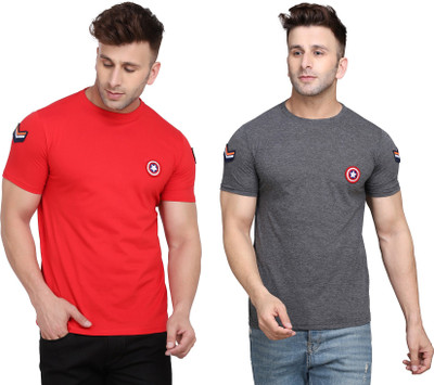 GEUM Solid Men Round Neck Red, Grey T-Shirt
