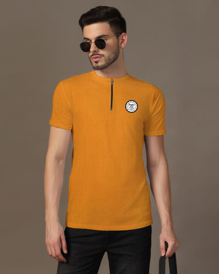 Lawful Casual Printed Men Mandarin Collar Gold T-Shirt