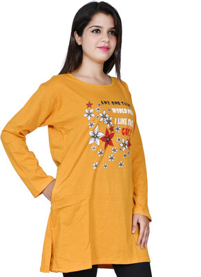 NGFASHION Printed Women Round Neck Yellow T-Shirt