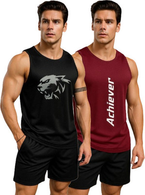 dashzone Printed Men Round Neck Black, Maroon T-Shirt