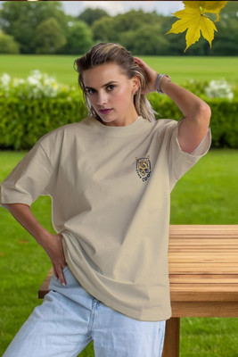 BLURR Printed Women Round Neck Beige T-Shirt