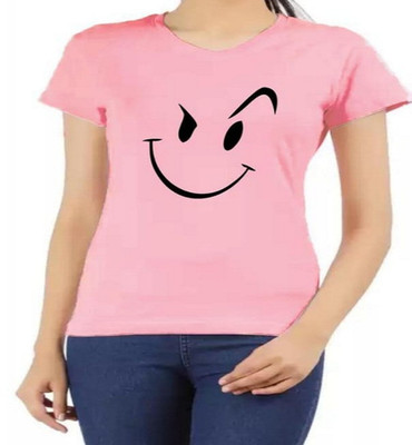 SAHAL Printed Women Round Neck Pink T-Shirt