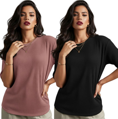 VDTREND Self Design Women Round Neck Black T-Shirt