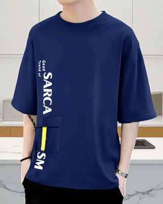 FASHIUM Typography Men Round Neck Navy Blue T-Shirt