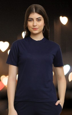 CANIDAE Solid Women Round Neck Dark Blue T-Shirt