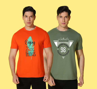 WOOSTRO Printed, Typography Men Round Neck Orange, Green T-Shirt