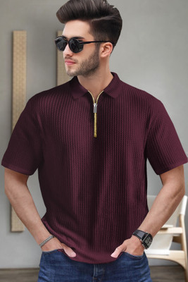 TRIPR Striped Men Polo Neck Maroon T-Shirt