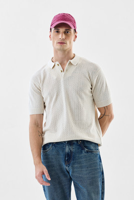 Snitch Self Design Men Polo Neck Beige T-Shirt