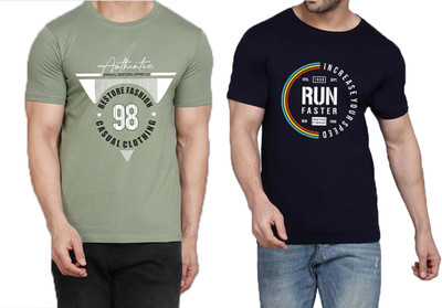 WOOSTRO Printed Men Round Neck Light Green, Navy Blue T-Shirt