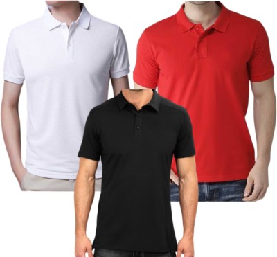 Krafy Solid Men Polo Neck Red, White, Black T-Shirt