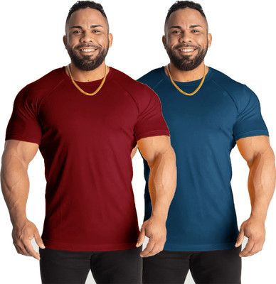 UDI n ADI Solid Men Round Neck Maroon, Blue T-Shirt