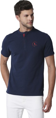 BEING HUMAN Solid Men Mandarin Collar Navy Blue T-Shirt