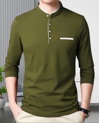 AUSK Solid Men Mandarin Collar Dark Green T-Shirt