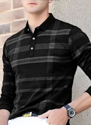 Bell Paper Checkered Men Polo Neck Black T-Shirt