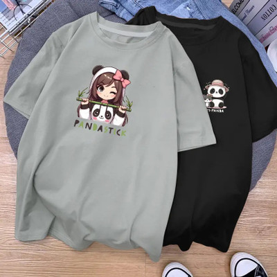 Calm Down Cartoon, Graphic Print Women Round Neck Black, Grey T-Shirt