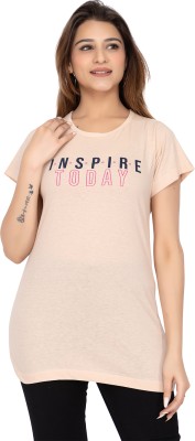 Kanika Printed Women Round Neck Beige T-Shirt