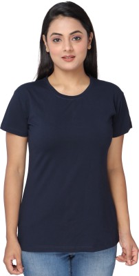 Irkuf Solid Women Round Neck Dark Blue T-Shirt