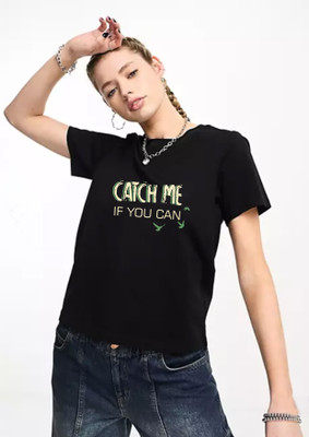 WOMENVY Printed, Typography Women Round Neck Black T-Shirt