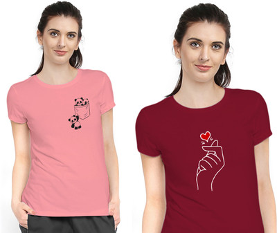 Stylimo Printed Women Round Neck Pink, Maroon T-Shirt