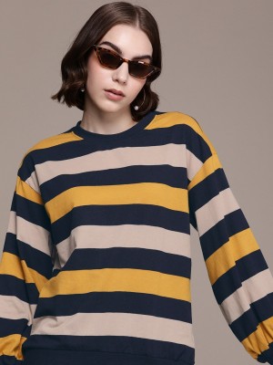 Roadster Striped Women Round Neck Blue T-Shirt