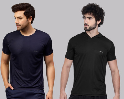 UDI n ADI Solid Men Round Neck Navy Blue, Black T-Shirt