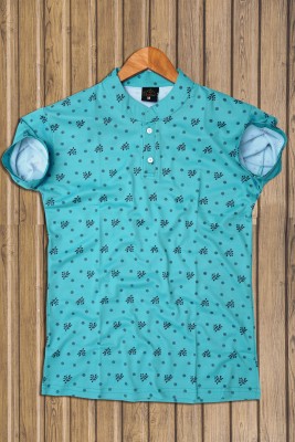 DyrectDeals Printed Men Mandarin Collar Light Blue T-Shirt