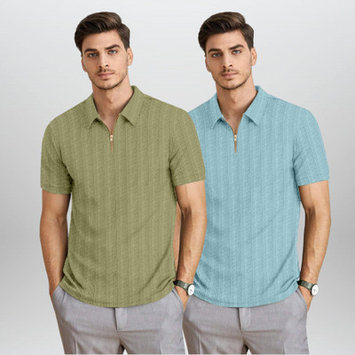 BROWEARS Self Design Men Polo Neck Green, Light Blue T-Shirt