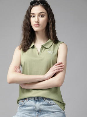Roadster Solid Women Polo Neck Dark Green T-Shirt