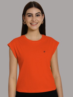 FRISKERS Solid Women Round Neck Orange T-Shirt